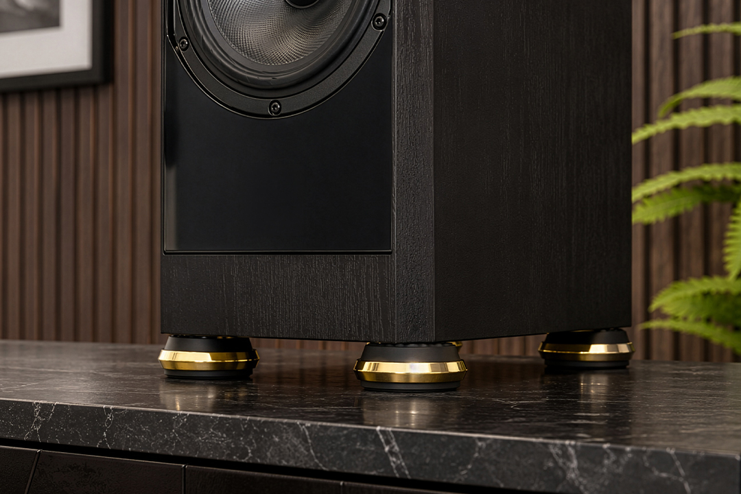 Detailaufnahme eines schwarzen HiFi-Lautsprechers mit goldfarbenen Metallfüßen auf einer dunklen Oberfläche.