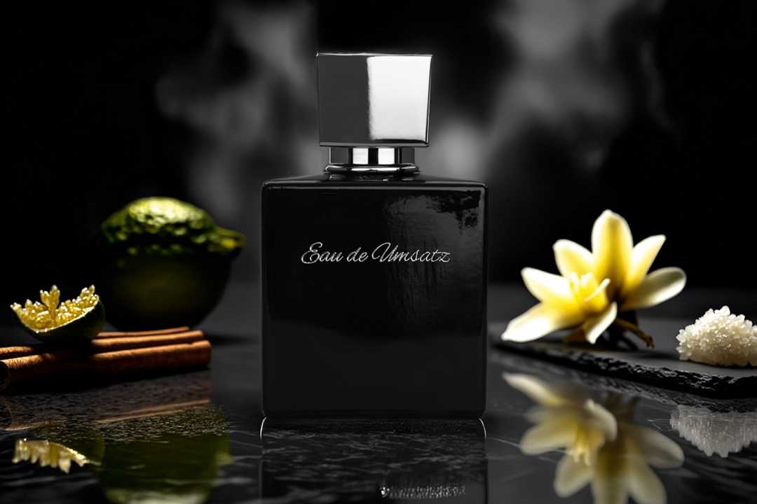 Produktfotografie eines schwarzen Parfumflakons mit glänzendem Metallverschluss und kontrollierten Reflexionen