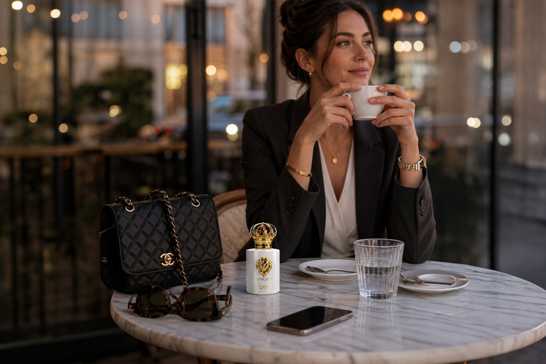 Produktfotografie eines Royal Lion Queen Parfumflakons auf einem Café-Tisch neben Handtasche und Frau