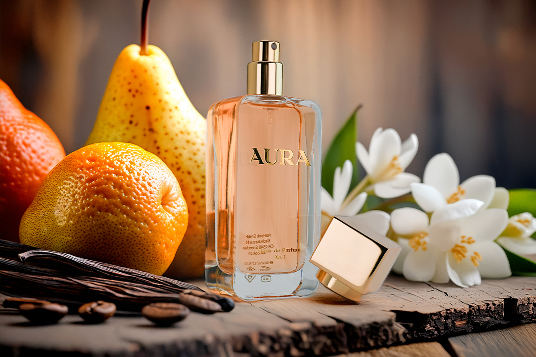 Produktfotografie eines AURA Parfumflakons mit Birne, Zitrusfrüchten, Vanille und weißen Blüten