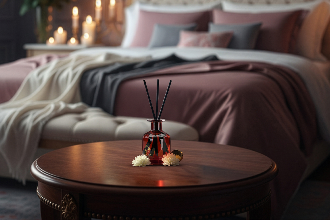Produktfotografie eines Raumdufts mit Duftstäbchen auf einem Tisch vor einem modern eingerichteten Bett