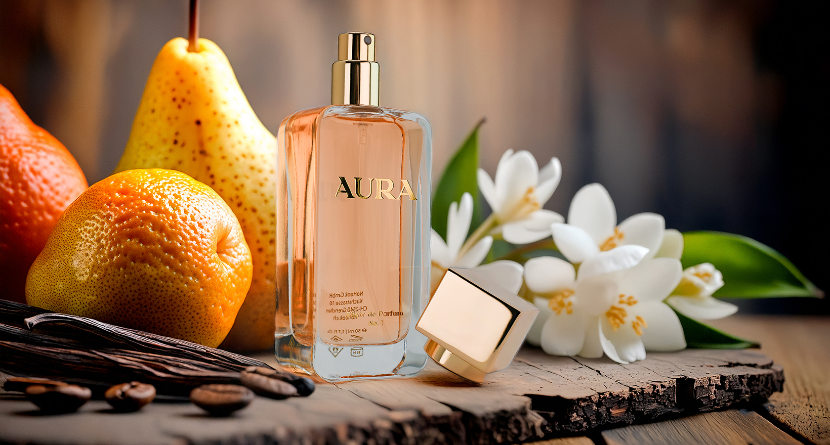 Produktfotografie eines Parfumflakons mit Früchten, Blüten und warmer Lichtführung als inszeniertes Stillleben